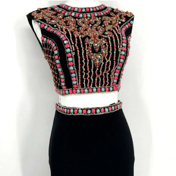 JOVANI 2-piece Black Beaded Mozaic Rhinestones Evening Gown Size 4 - Picture 10 of 14